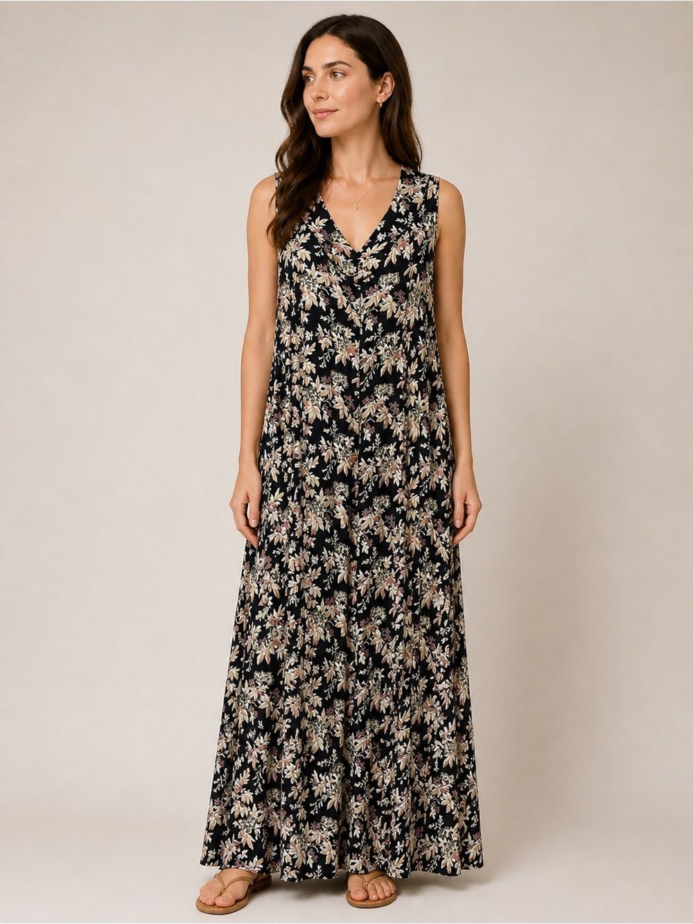 Vintage April Cornell Floral V-Neck Sleeveless Maxi Dress Black/Pink Medium